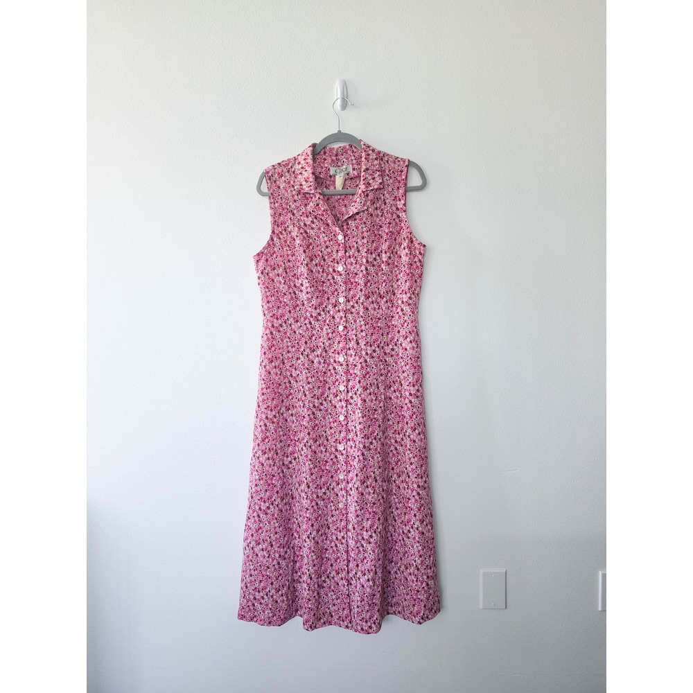 Vintage Clues New York Paris Pink Floral Button Front Midi Dress Waist Tie 12
